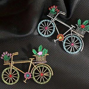 Retro Bicycle Rhinestone Brooch Colorful Blue Green Sparkle Pin Flowers Basket